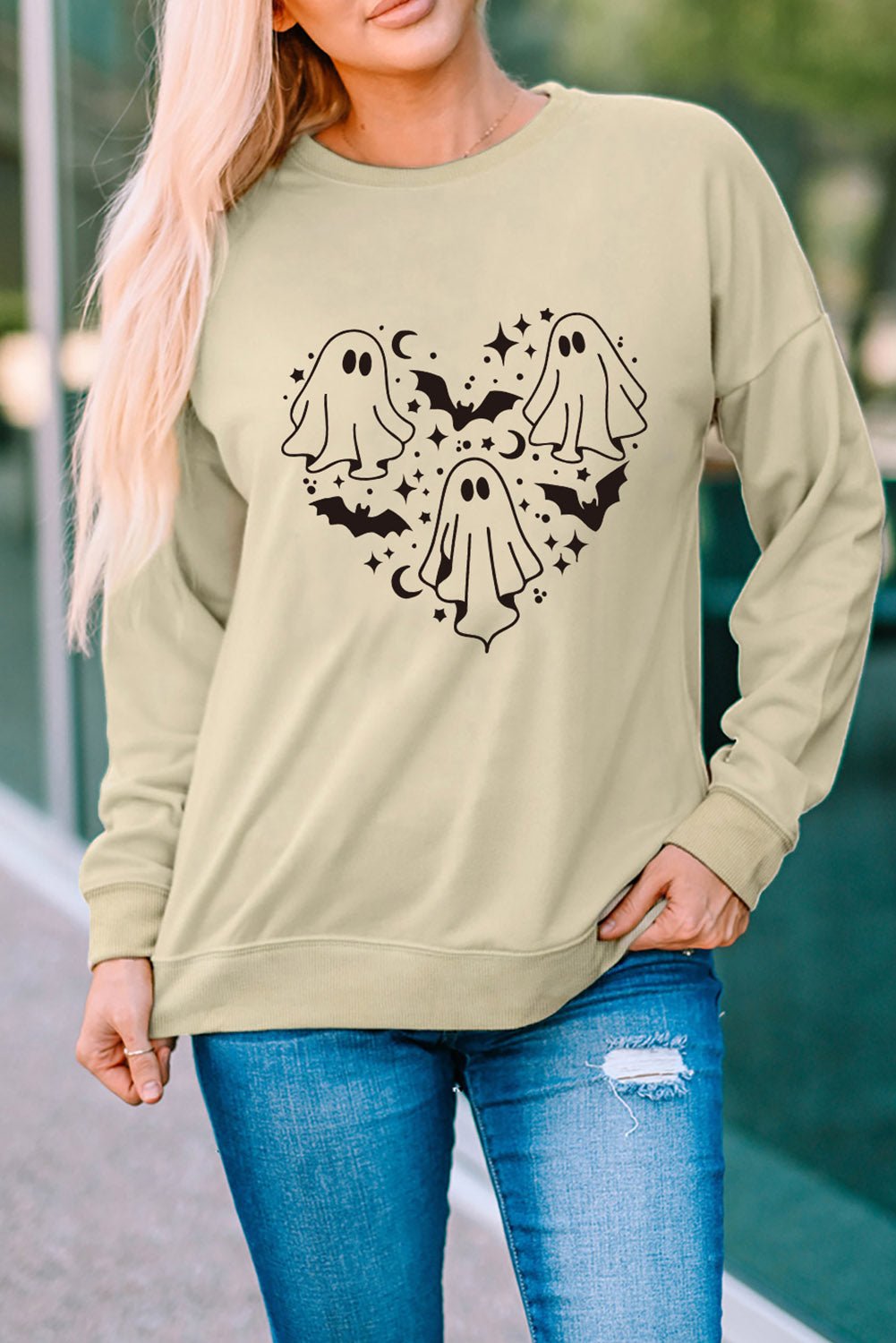 Round Neck Dropped Shoulder Ghost Graphic Sweatshirt - Guy Christopher