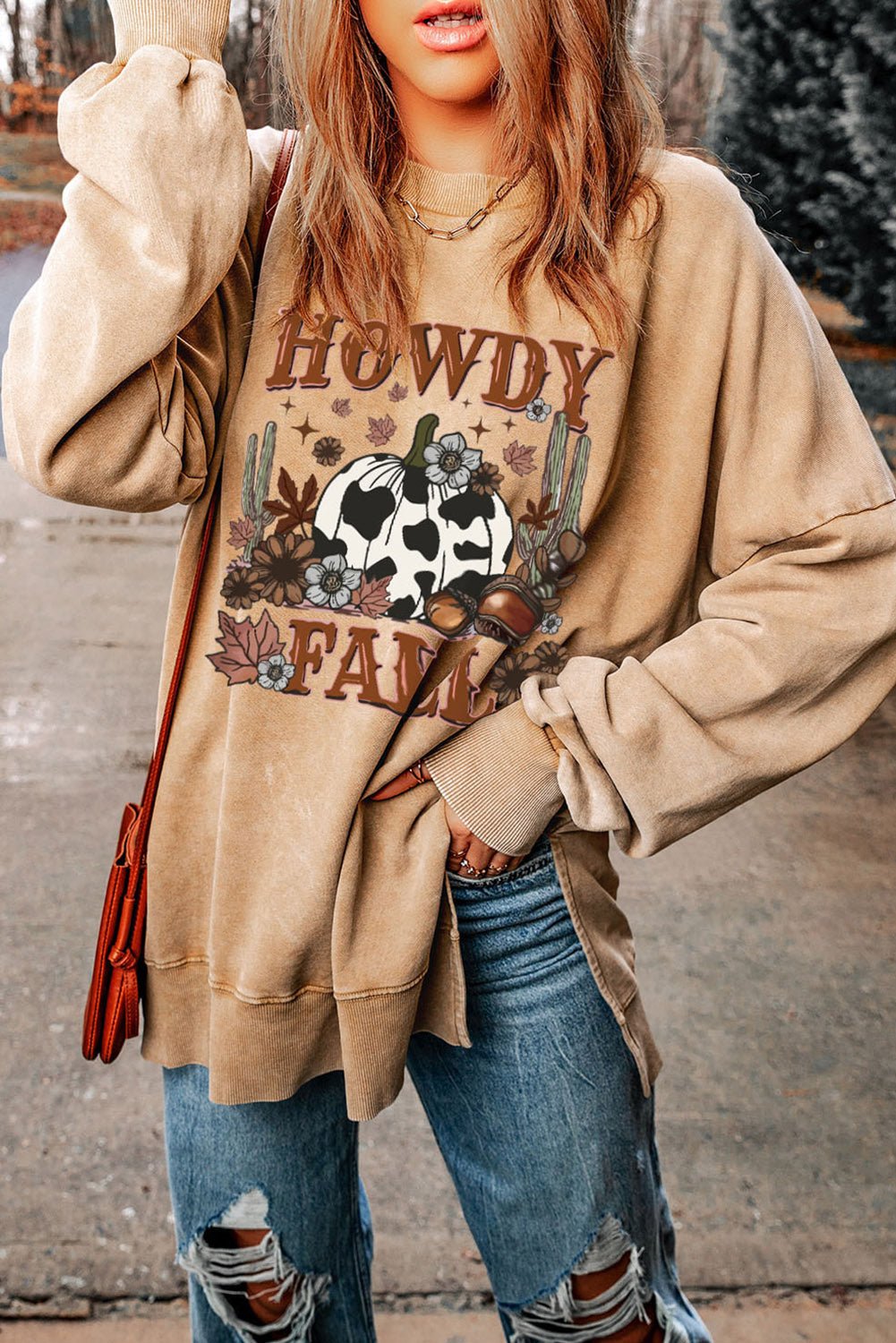 Round Neck Dropped Shoulder HOWDY FALL Graphic Sweatshirt - Guy Christopher