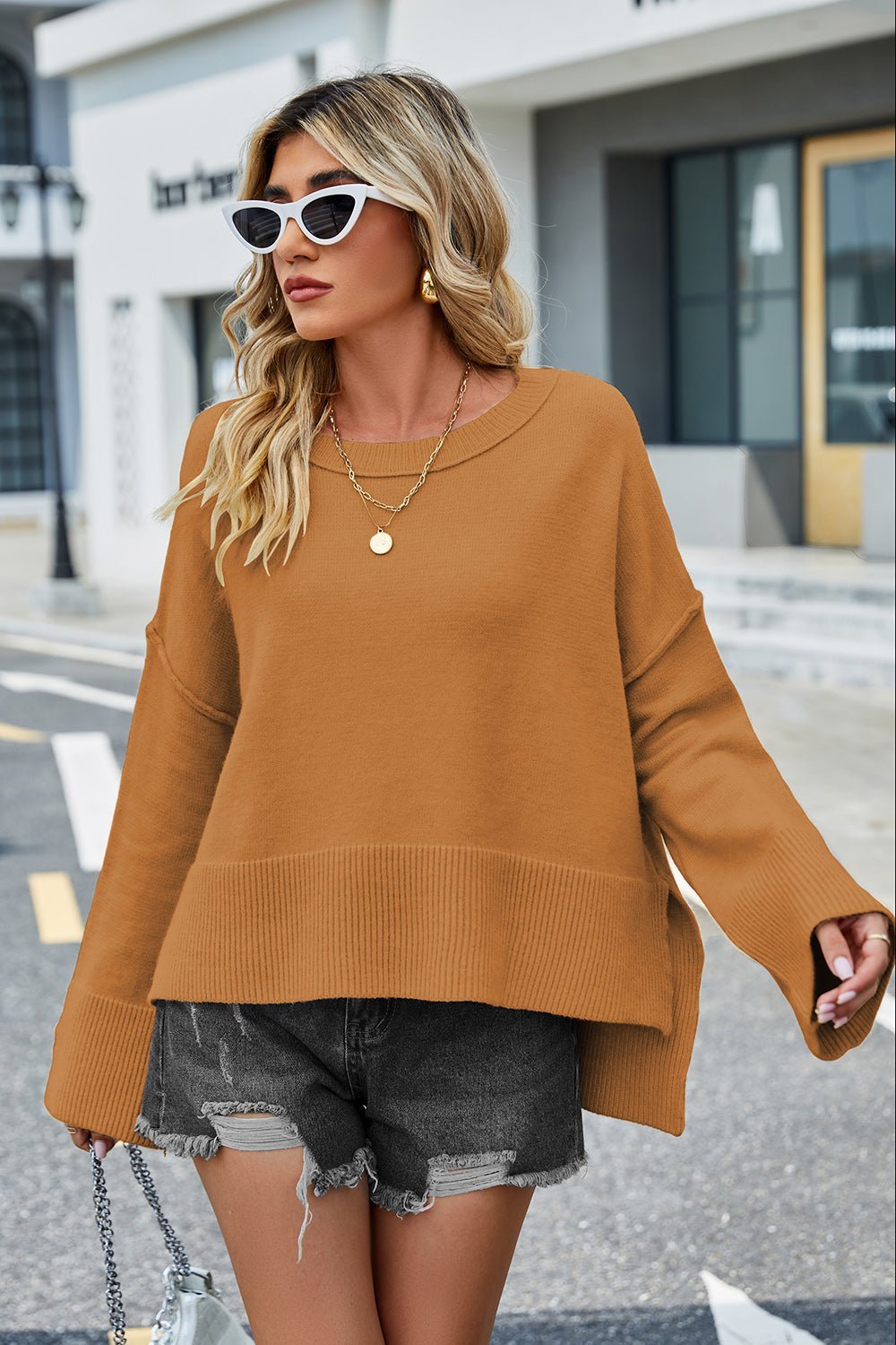 Round Neck Dropped Shoulder Slit Sweater - Guy Christopher