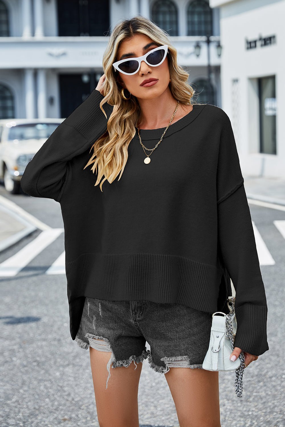 Round Neck Dropped Shoulder Slit Sweater - Guy Christopher