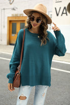 Round Neck Dropped Shoulder Slit Sweater - Guy Christopher