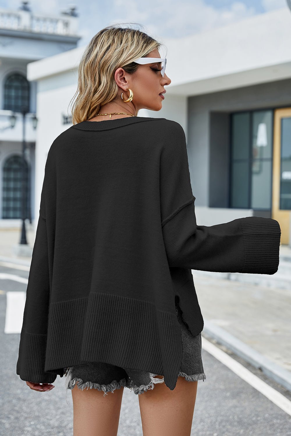 Round Neck Dropped Shoulder Slit Sweater - Guy Christopher