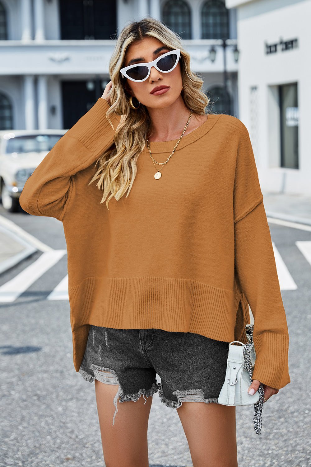 Round Neck Dropped Shoulder Slit Sweater - Guy Christopher