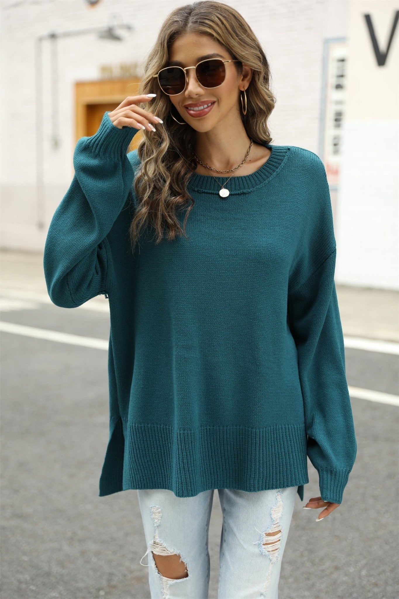 Round Neck Dropped Shoulder Slit Sweater - Guy Christopher