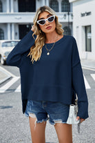 Round Neck Dropped Shoulder Slit Sweater - Guy Christopher