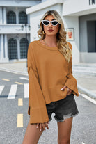 Round Neck Dropped Shoulder Slit Sweater - Guy Christopher