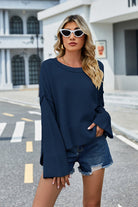 Round Neck Dropped Shoulder Slit Sweater - Guy Christopher