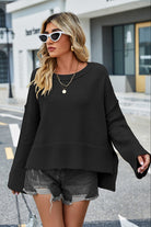 Round Neck Dropped Shoulder Slit Sweater - Guy Christopher