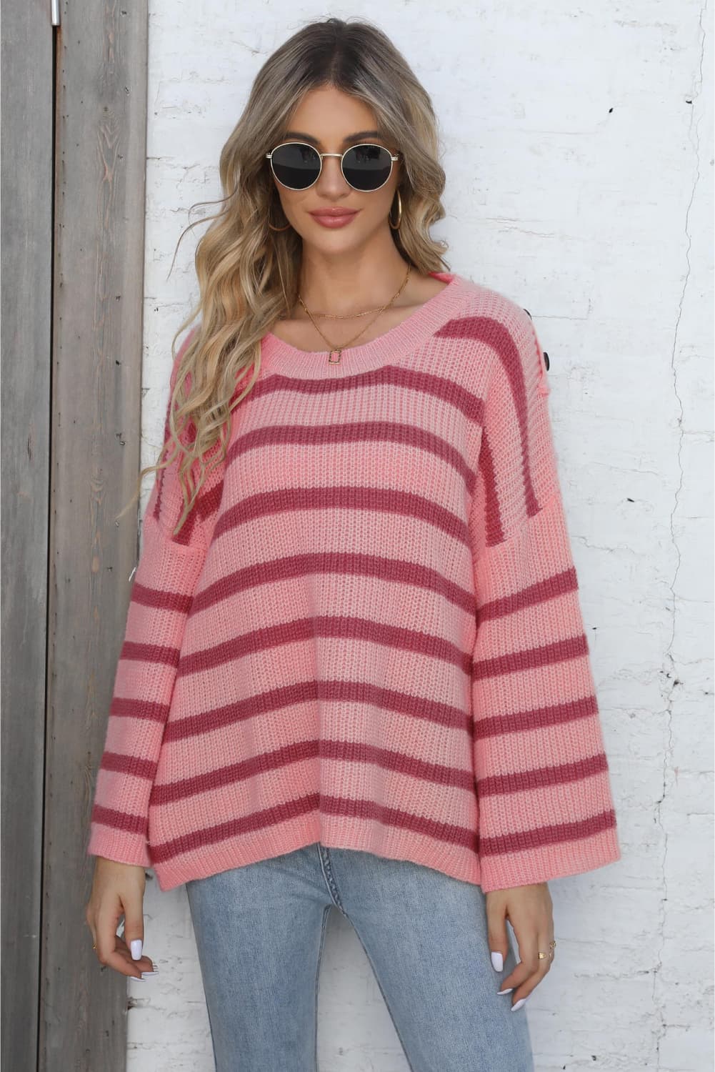 Round Neck Dropped Shoulder Striped Sweater - Guy Christopher