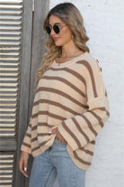 Round Neck Dropped Shoulder Striped Sweater - Guy Christopher