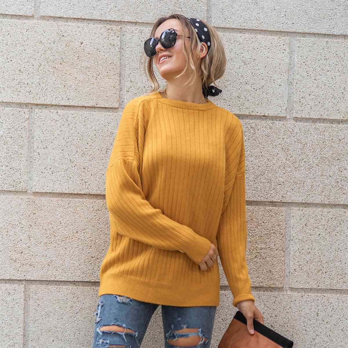 Round Neck Dropped Shoulder Sweater - Guy Christopher