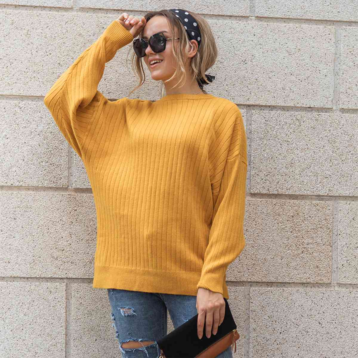 Round Neck Dropped Shoulder Sweater - Guy Christopher