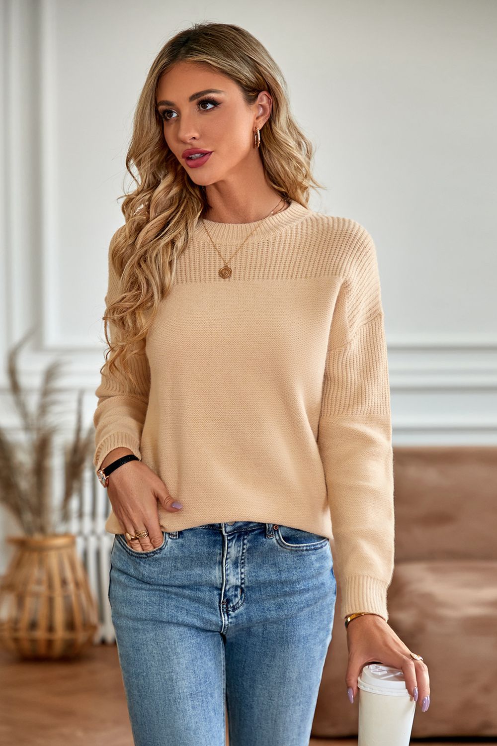 Round Neck Dropped Shoulder Sweater - Guy Christopher