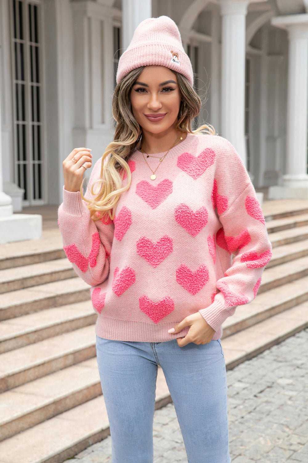 Round Neck Dropped Shoulder Sweater with Heart Pattern - Guy Christopher