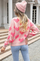 Round Neck Dropped Shoulder Sweater with Heart Pattern - Guy Christopher