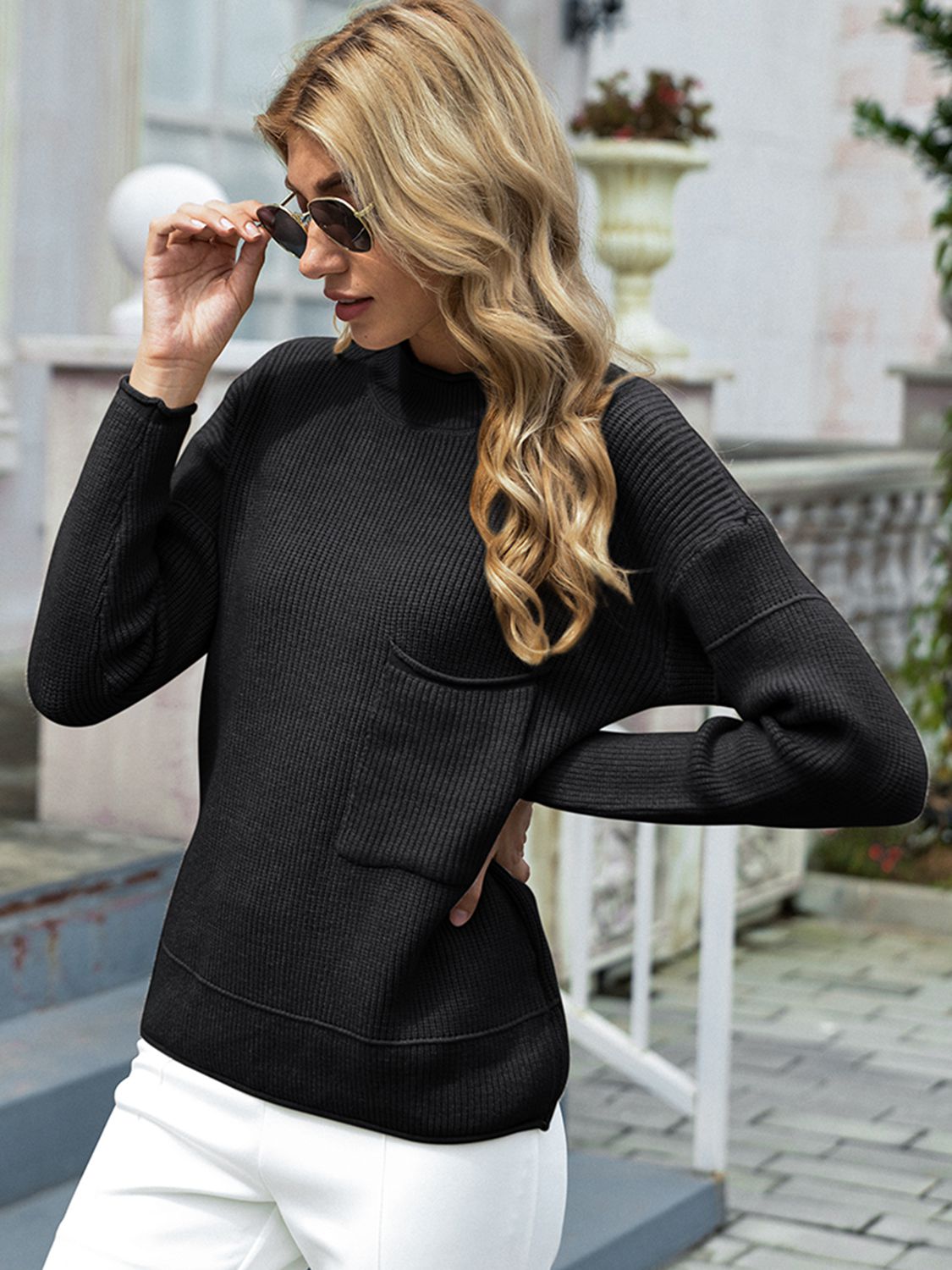 Round Neck Dropped Shoulder Sweater with Pocket - Guy Christopher