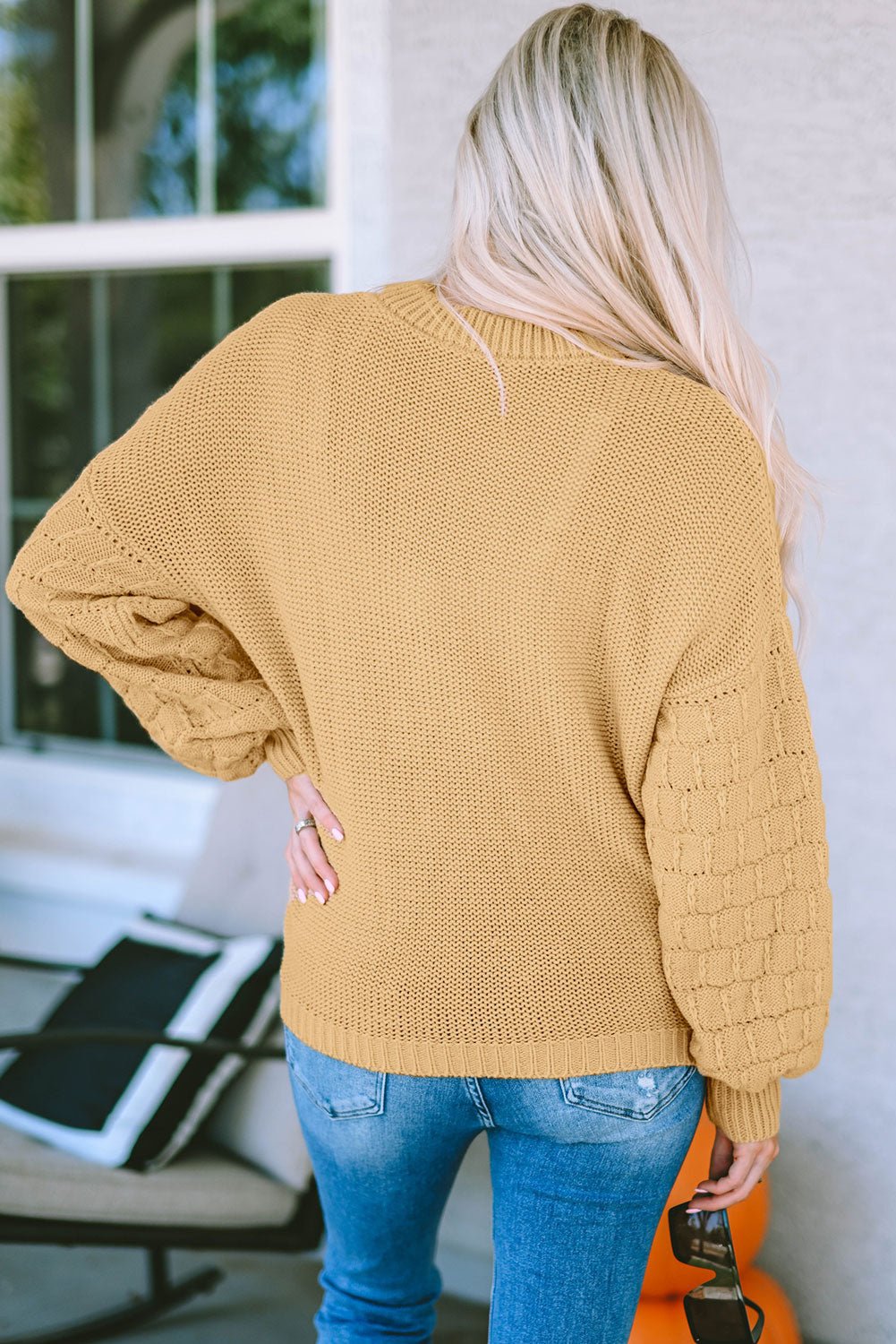 Round Neck Dropped Shoulder Waffle-Knit Sweater - Guy Christopher