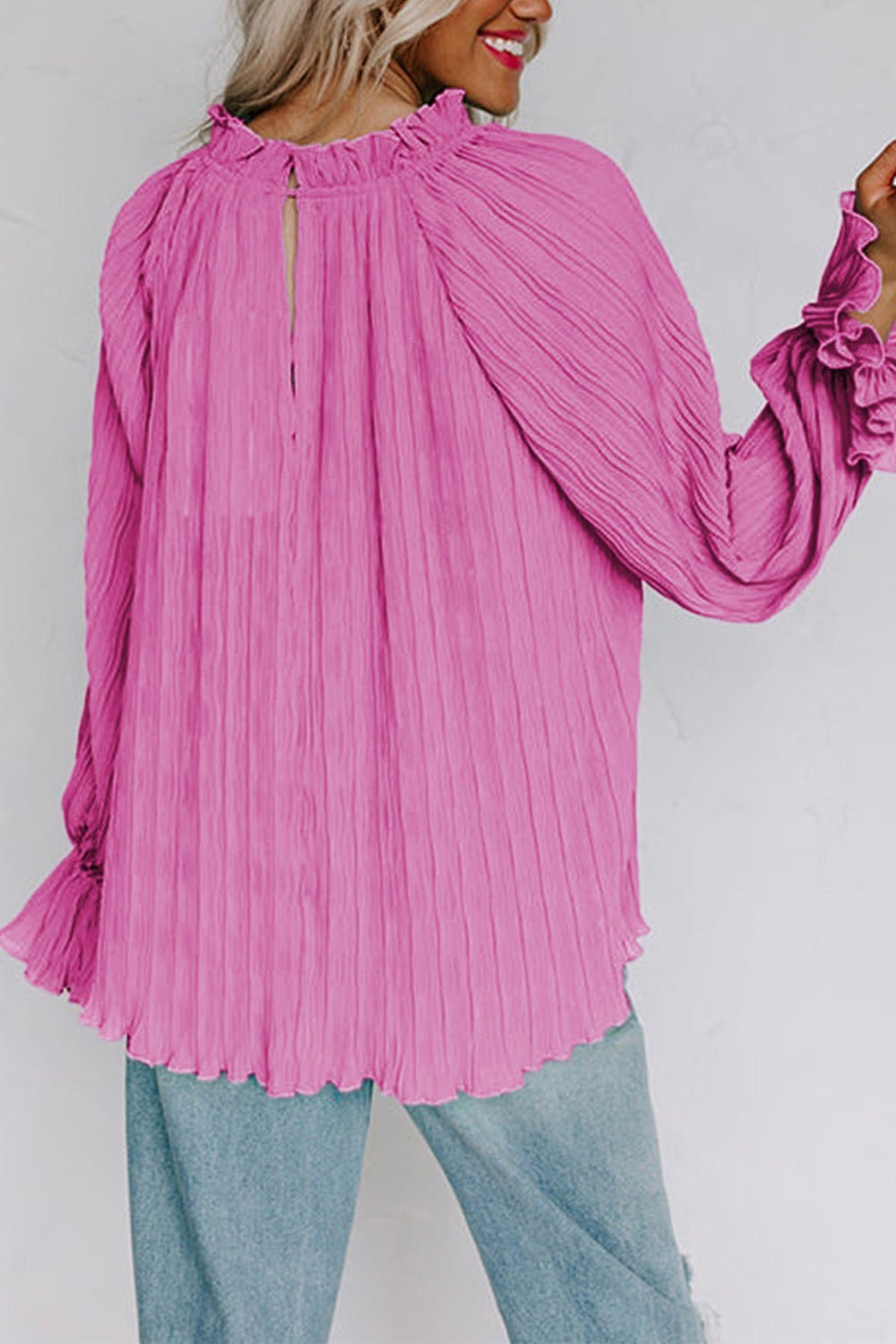 Round Neck Flounce Sleeve Blouse - Guy Christopher