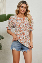 Round Neck Flounce Sleeve Blouse - Guy Christopher