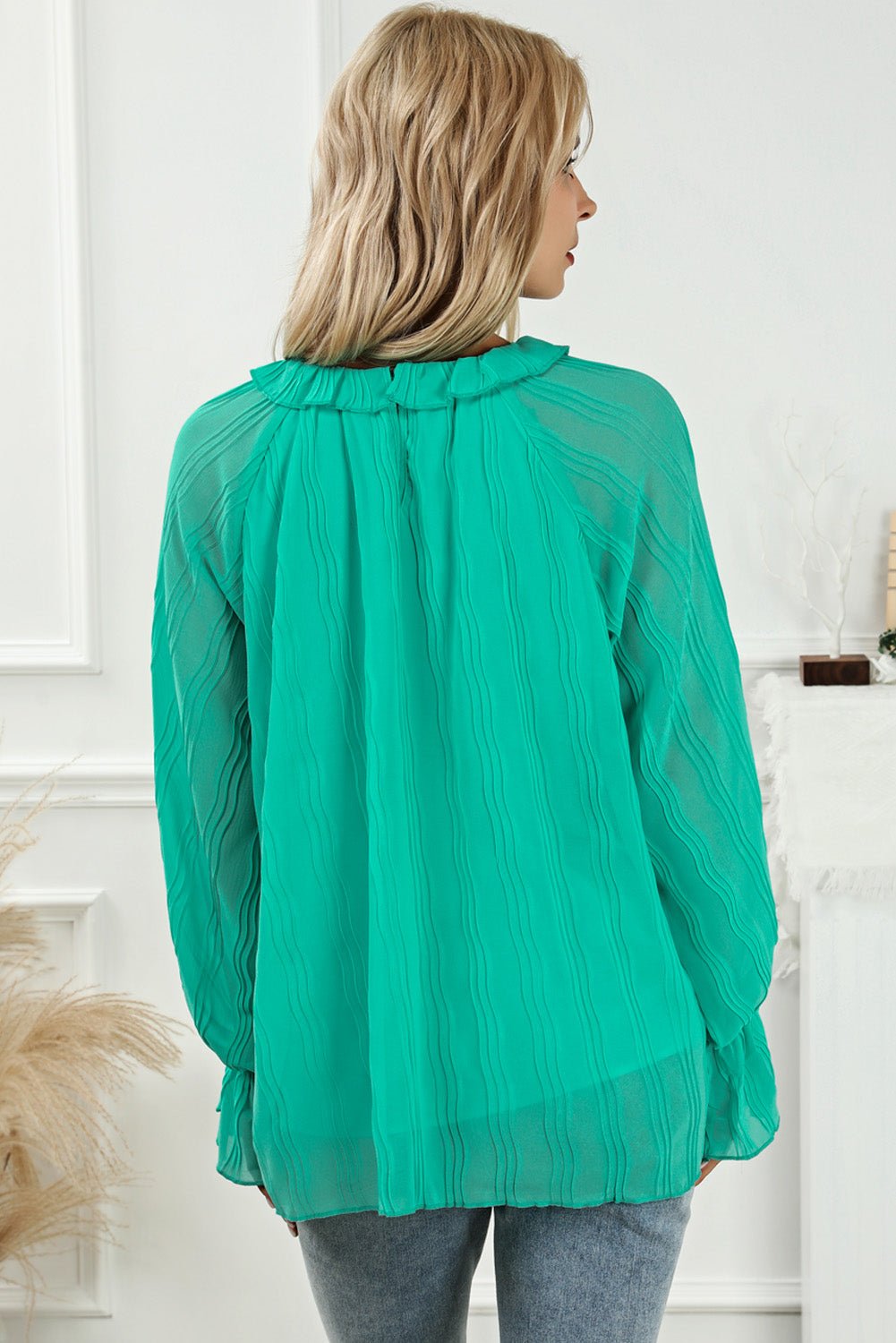 Round Neck Flounce Sleeve Blouse - Guy Christopher