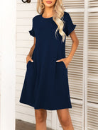 Round Neck Flounce Sleeve Dress with Pockets - Guy Christopher