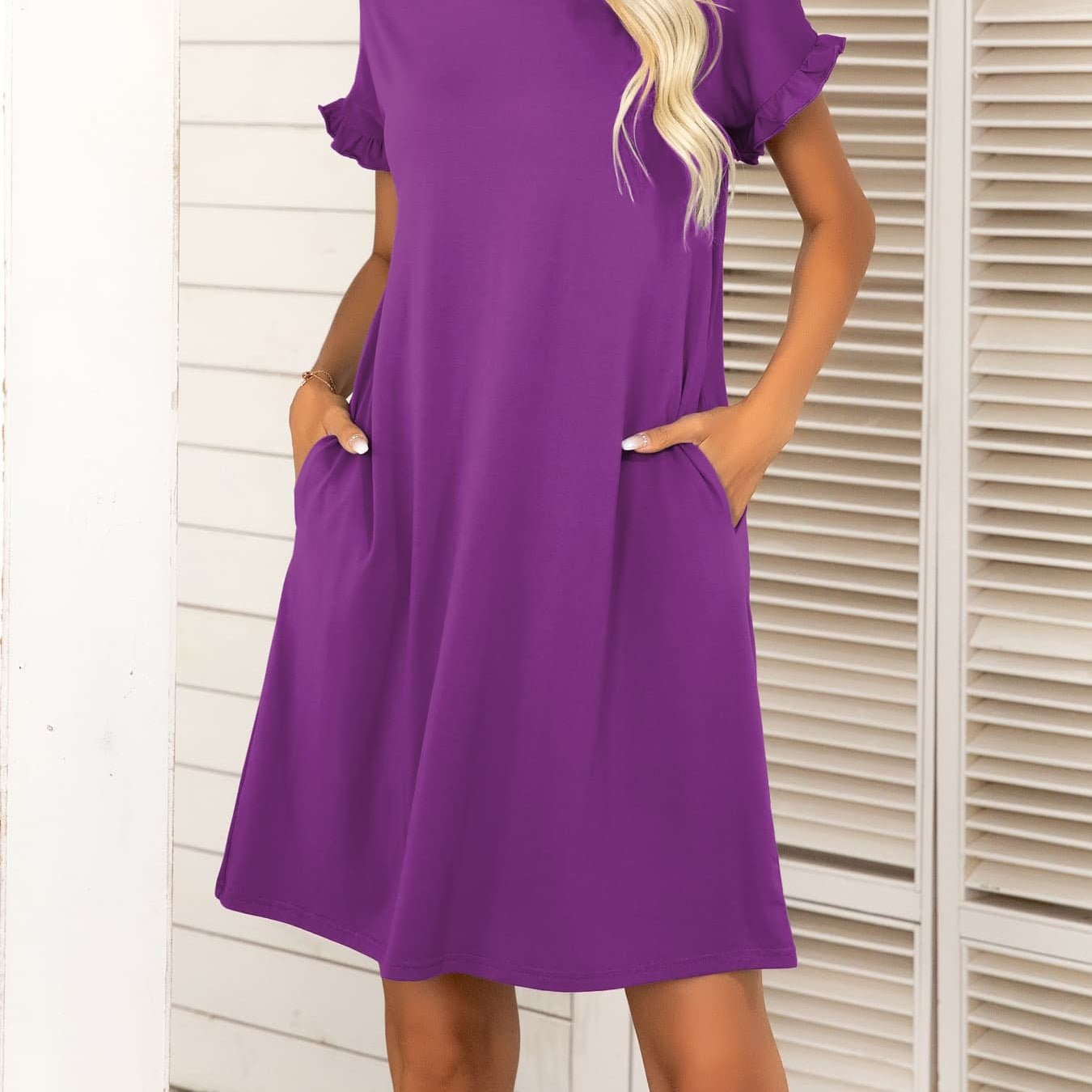 Round Neck Flounce Sleeve Dress with Pockets - Guy Christopher