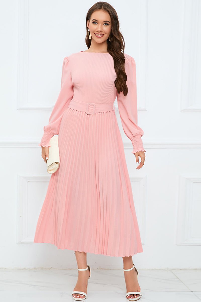 Round Neck Flounce Sleeve Pleated Dress - Guy Christopher