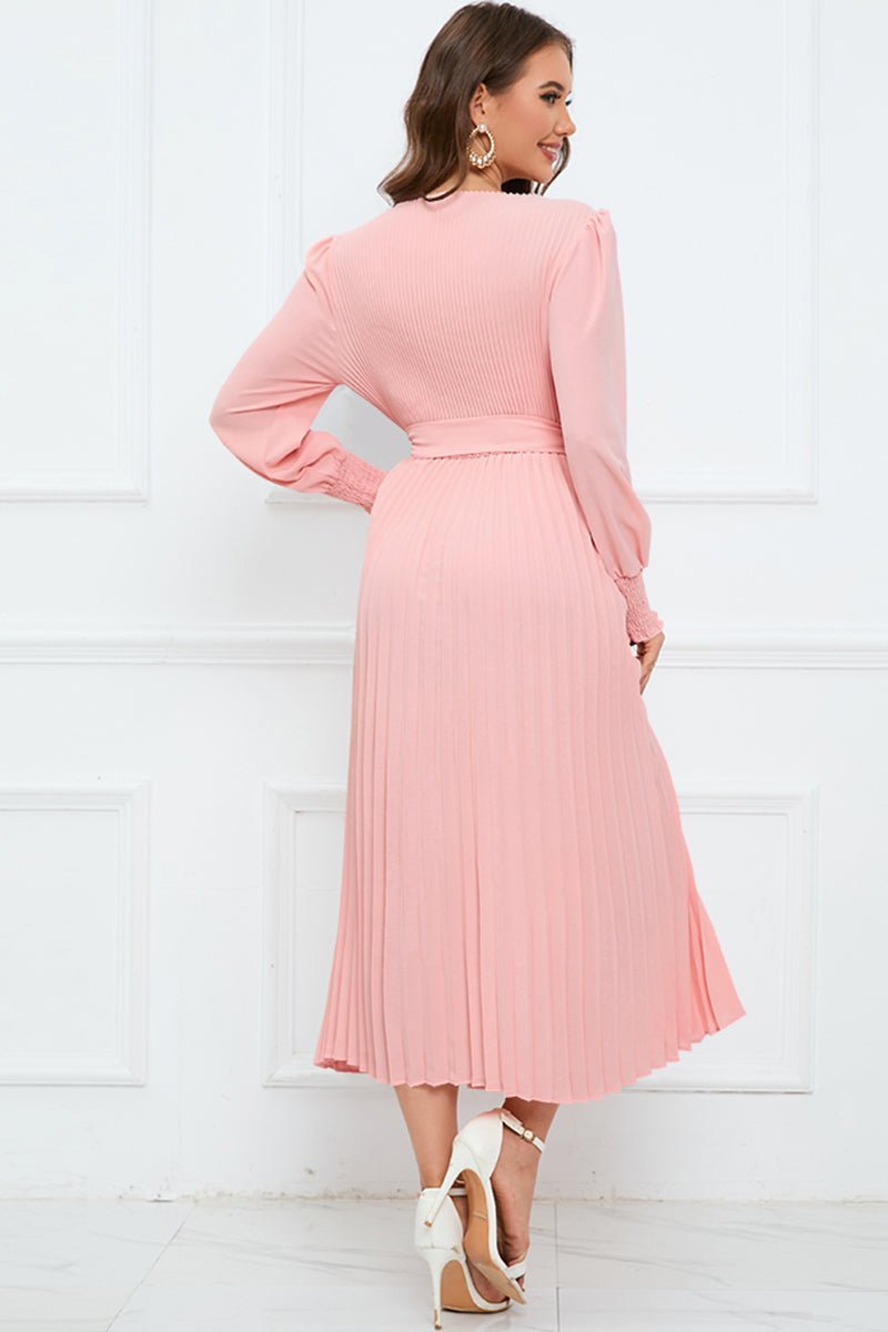 Round Neck Flounce Sleeve Pleated Dress - Guy Christopher