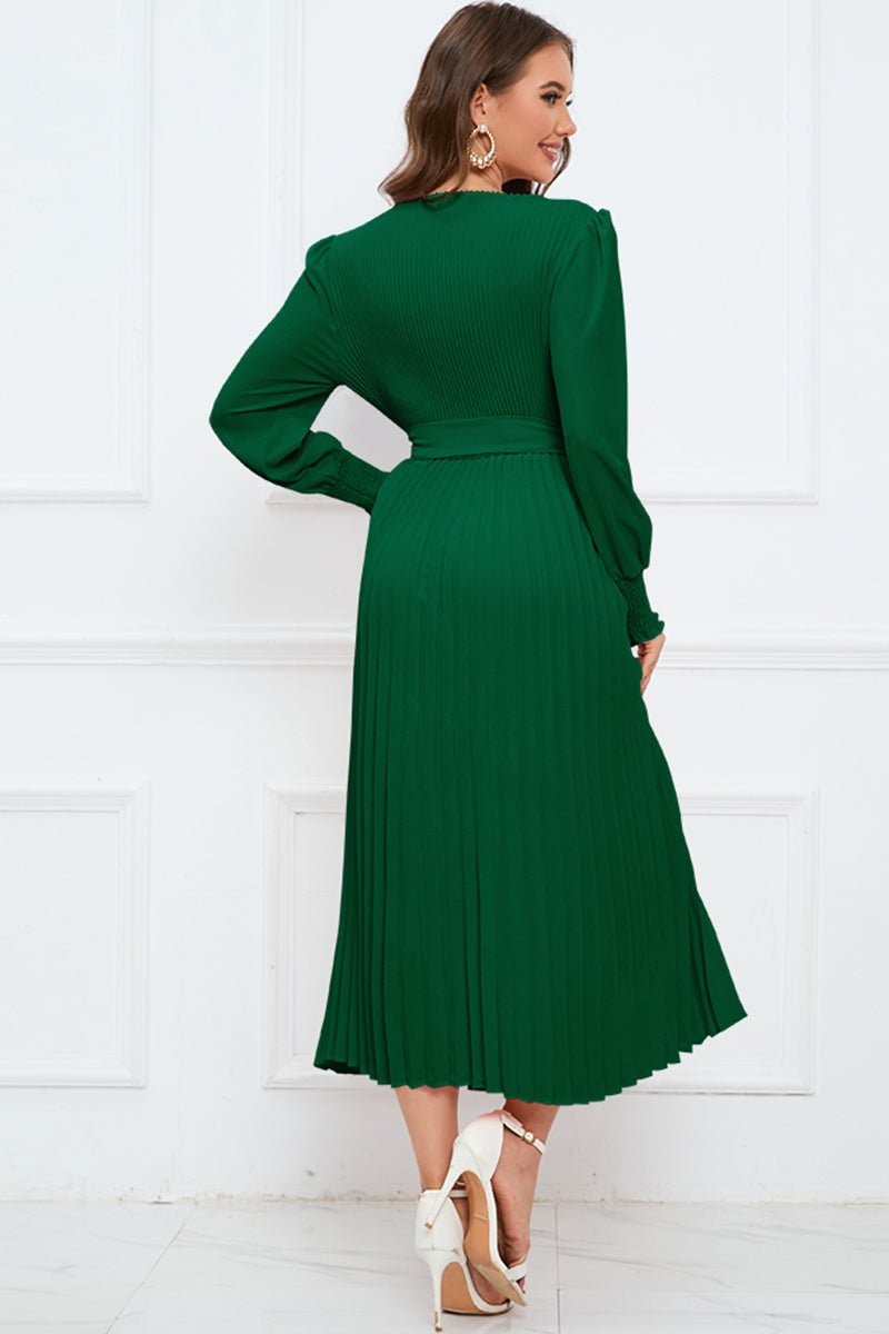 Round Neck Flounce Sleeve Pleated Dress - Guy Christopher