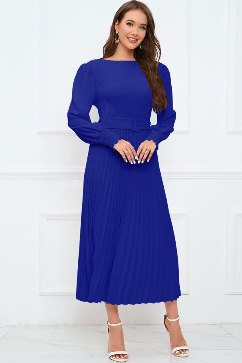 Round Neck Flounce Sleeve Pleated Dress - Guy Christopher