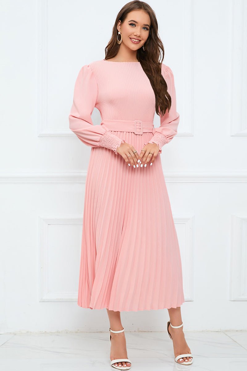 Round Neck Flounce Sleeve Pleated Dress - Guy Christopher