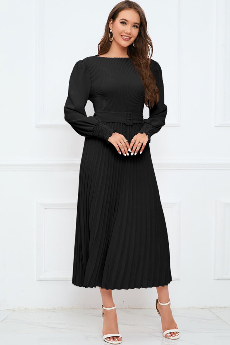 Round Neck Flounce Sleeve Pleated Dress - Guy Christopher