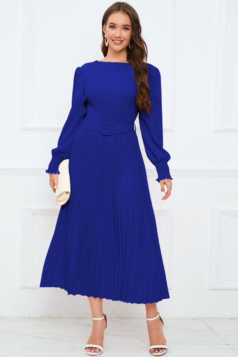 Round Neck Flounce Sleeve Pleated Dress - Guy Christopher