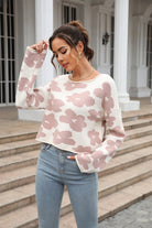 Round Neck Flower Pattern Dropped Shoulder Pullover Sweater - Guy Christopher