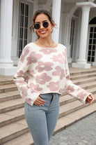 Round Neck Flower Pattern Dropped Shoulder Pullover Sweater - Guy Christopher