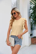 Round Neck Flutter Sleeve Eyelet Blouse - Guy Christopher