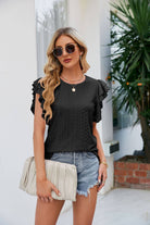 Round Neck Flutter Sleeve Eyelet Blouse - Guy Christopher