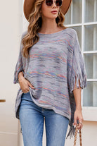 Round Neck Fringe Detail Sleeve Poncho - Guy Christopher