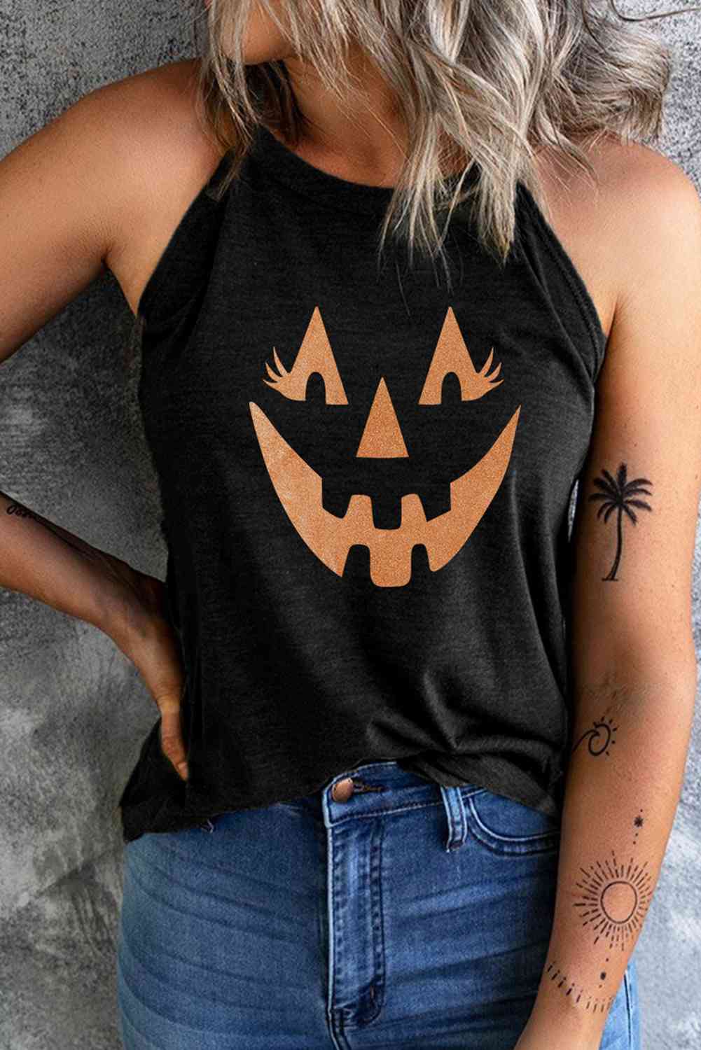 Round Neck Jack-O'-Lantern Graphic Tank Top - Guy Christopher