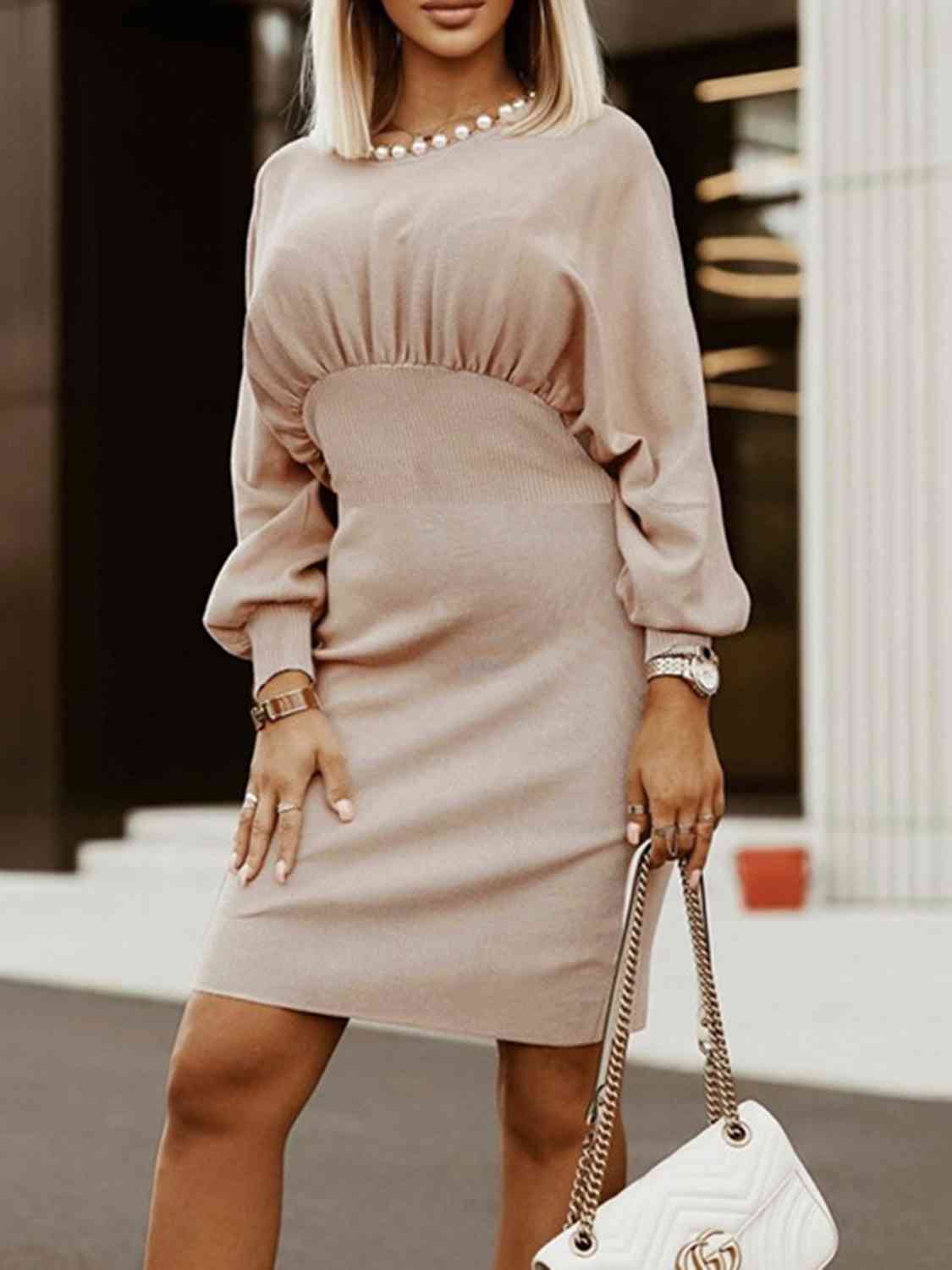 Round Neck Lantern Sleeve Dress - Guy Christopher