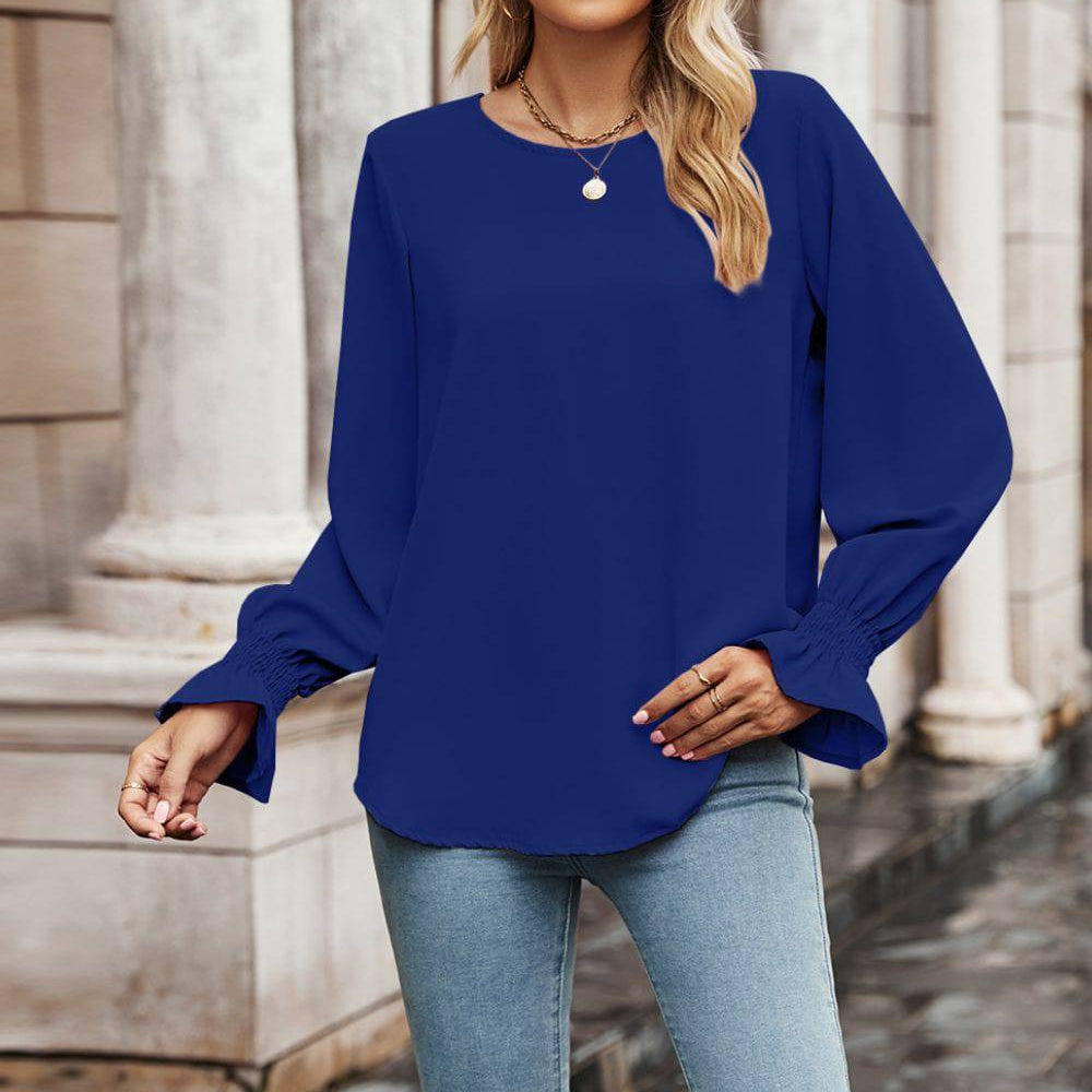 Round Neck Long Flounce Sleeve Blouse - Guy Christopher