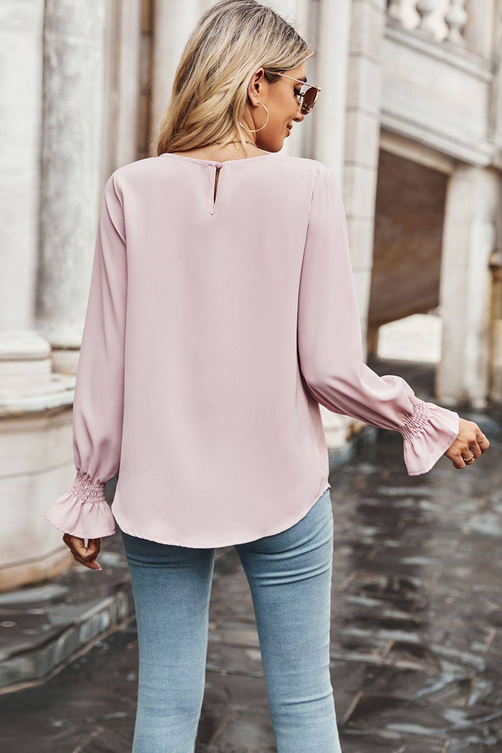 Round Neck Long Flounce Sleeve Blouse - Guy Christopher