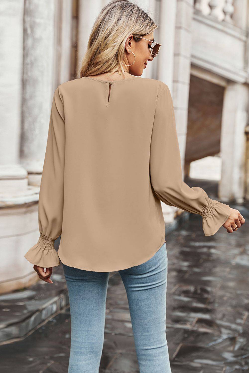 Round Neck Long Flounce Sleeve Blouse - Guy Christopher