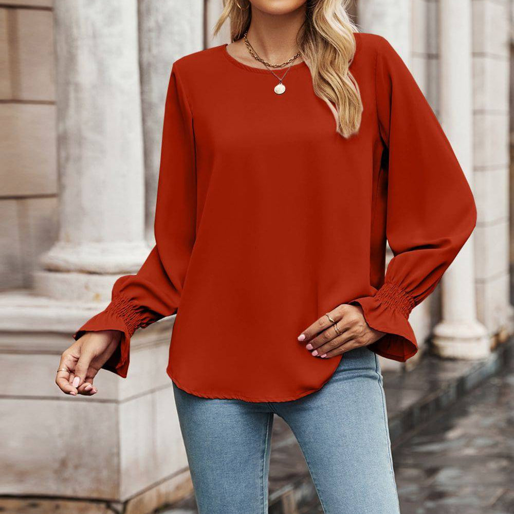 Round Neck Long Flounce Sleeve Blouse - Guy Christopher