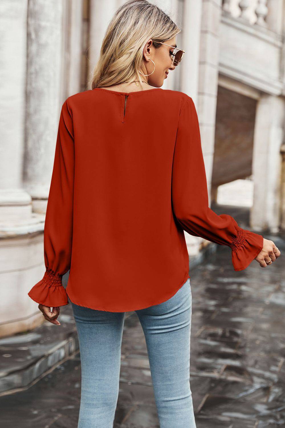 Round Neck Long Flounce Sleeve Blouse - Guy Christopher