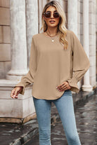 Round Neck Long Flounce Sleeve Blouse - Guy Christopher