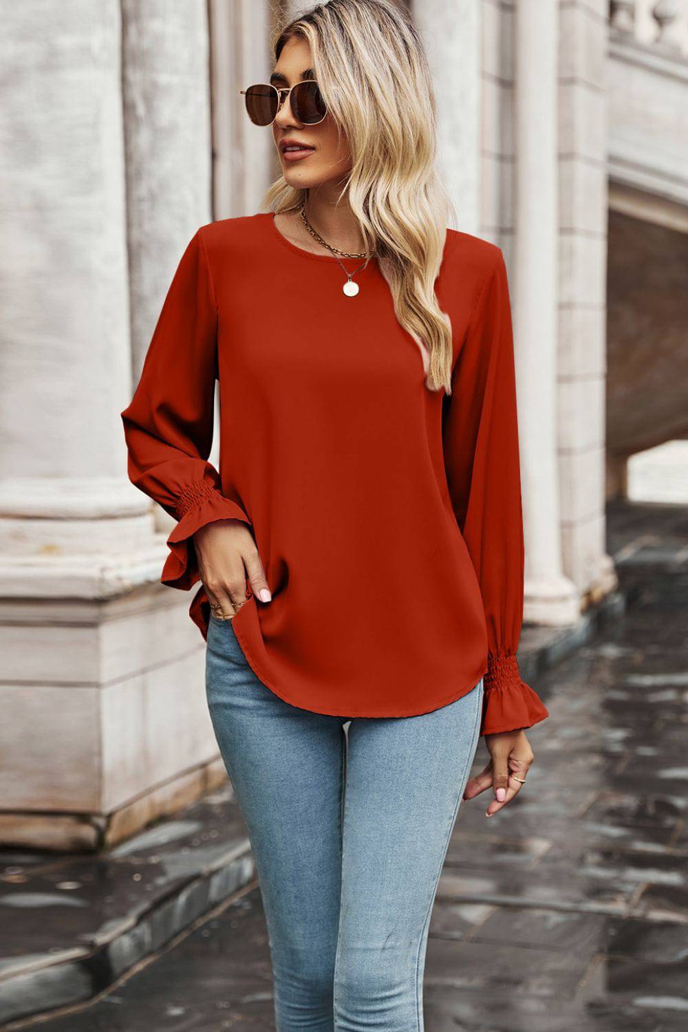 Round Neck Long Flounce Sleeve Blouse - Guy Christopher