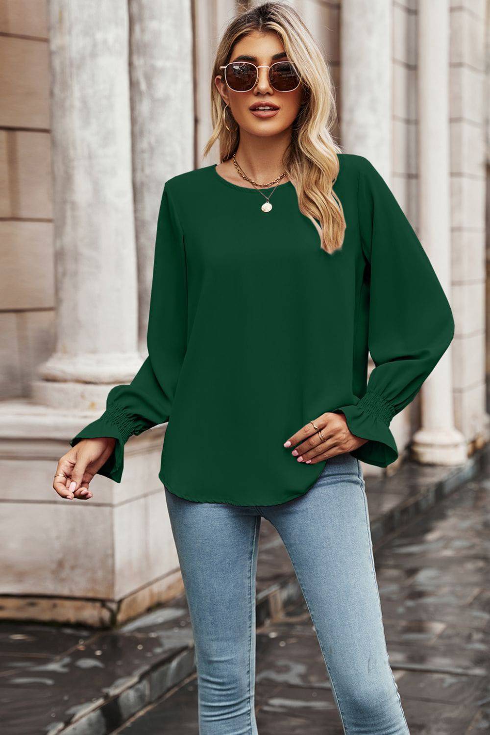 Round Neck Long Flounce Sleeve Blouse - Guy Christopher