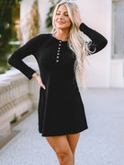 Round Neck Long Sleeve Buttoned Mini Dress - Guy Christopher