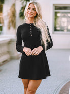 Round Neck Long Sleeve Buttoned Mini Dress - Guy Christopher